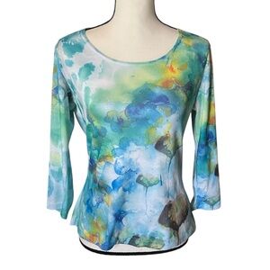 Vintage 90s Impulse CA Watercolor Floral Top 3/4 Sleeve Y2K Bling Fairycore S